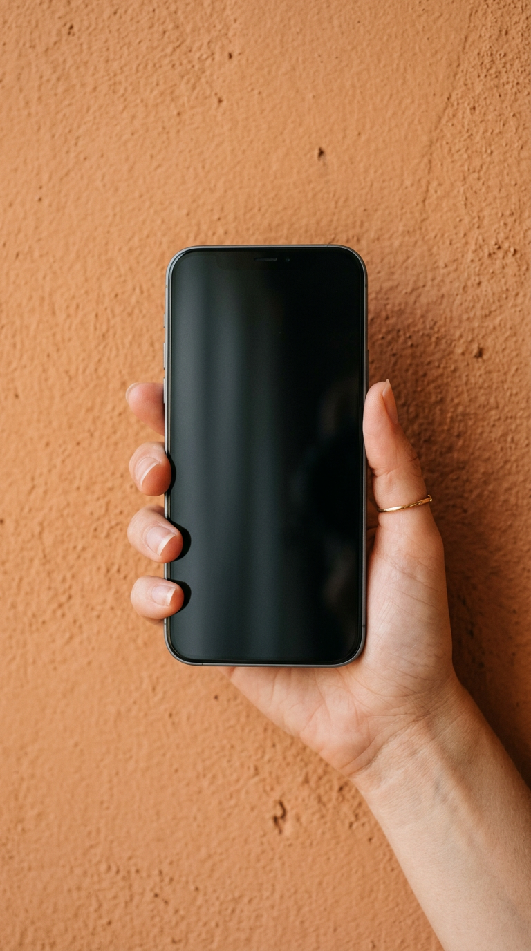 Mano sosteniendo un celular frente a una pared color terracota